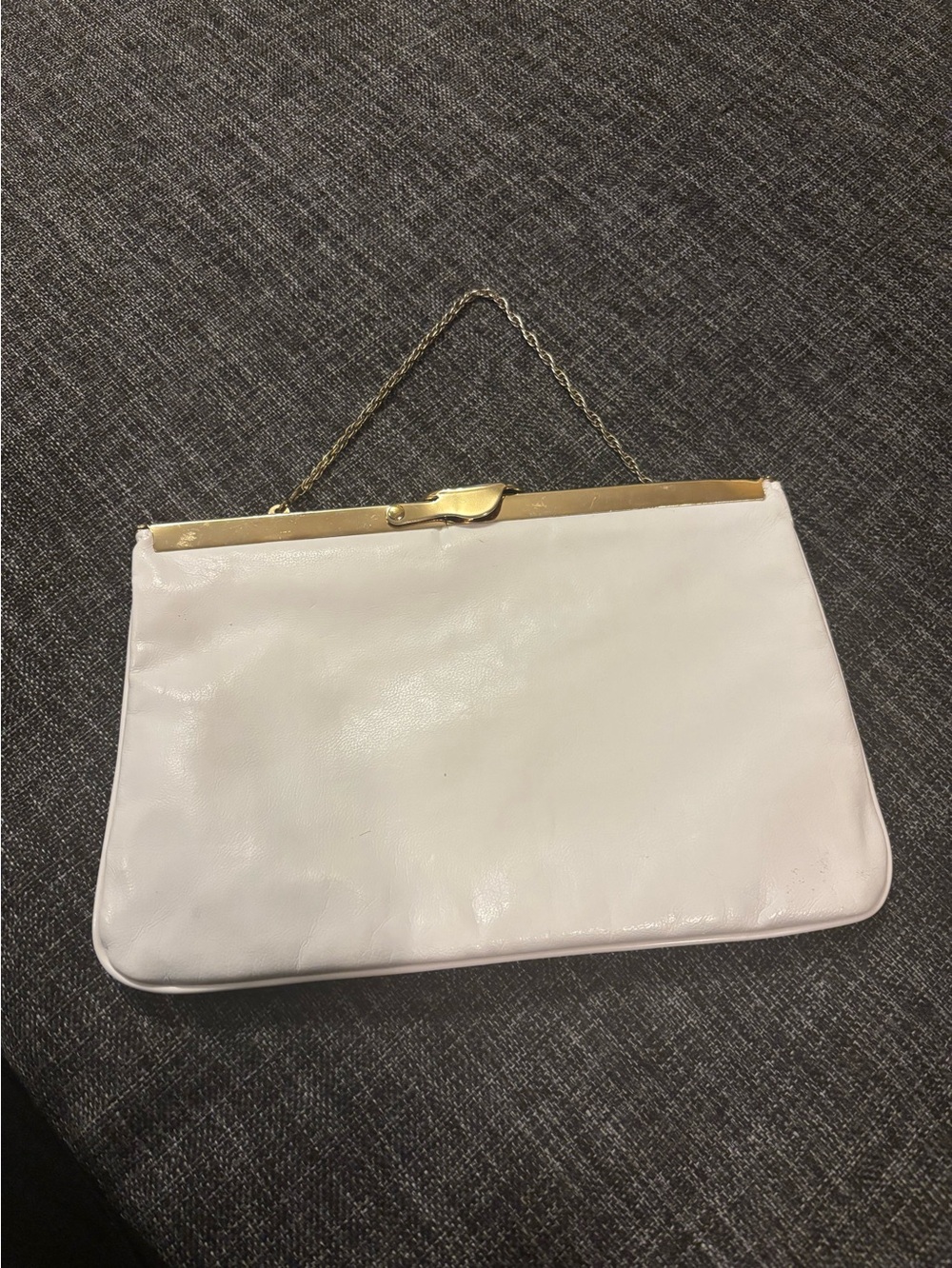 Classic White Leather Frame-Top Evening Bag with Gold Chain